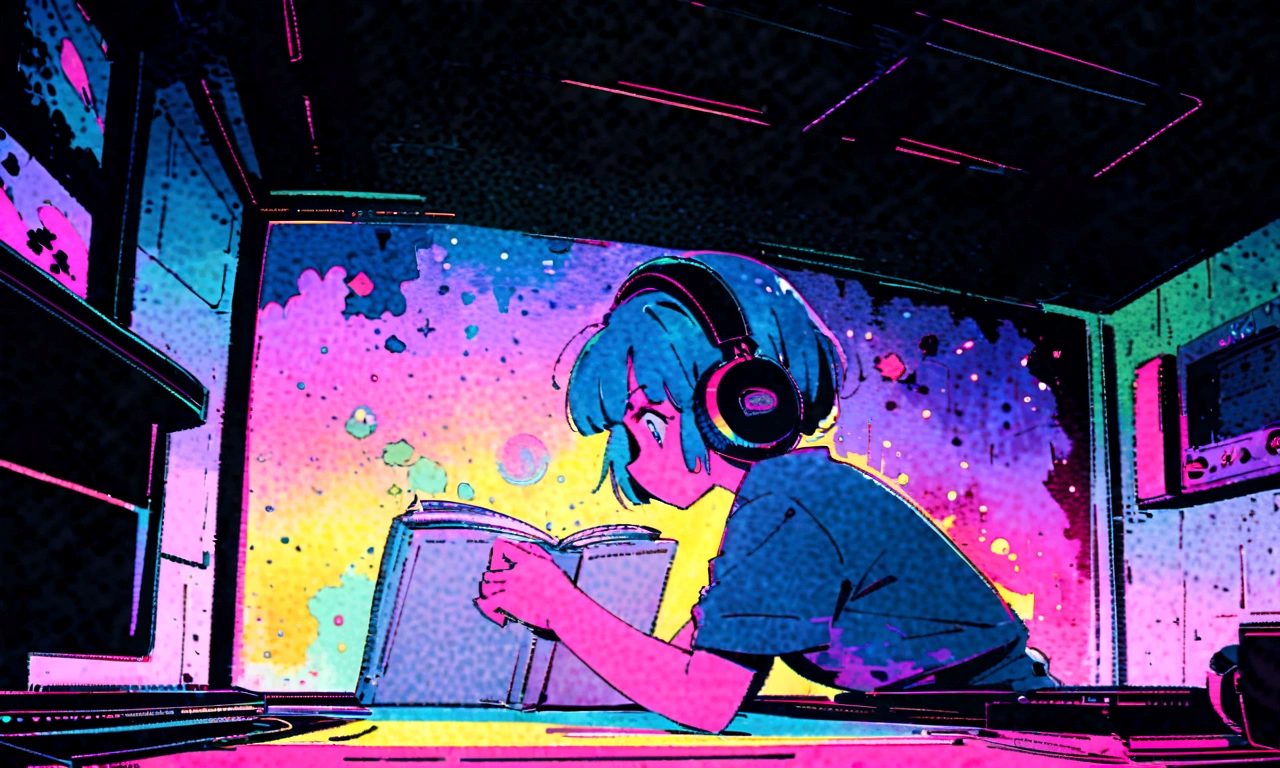 (zero), Girl studying in room, Reading a book, Wear headphones, , night lighting, Neon scenery on a rainy day,Analog Color Theme, Lo-fi Hip Hop , review, flat, 2.5D ,Draw a line, Ink painting, Large slope, Watercolor, Goosh Colors, Studio Ghibli style, Great colorful, Outerton, Synthwave, Lofi Art,90s Style,Old Texture, amplitude,90s vibe, Tabletop, Great technology, 16:9 Scale