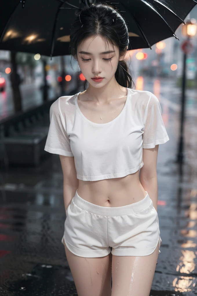 (((best quality))),(((ultra detailed))),(((masterpiece))),illustration,((1 beautiful girl,solo)),((slim,thin)),short ponytail,((small breasts,flat chest)),white short-sleeved shirt,navel,White pants covered in pink floral patterns,slender legs,white socks,slippers,rainy night, heavy rain, drenched clothes, melancholy expression, solitude, tear rolling down cheek, wet hair, empty streets, dimly lit, deserted environment, sound of rain, footsteps, symbol of hope, abandoned, resilience, determination, walking in rain, heartbreak, loss, love fading, loneliness, body language, facial expression, dreary atmosphere, rain-soaked streets, somber mood, viewer engagement,from front,urban scape,night scene,(((wet,sweat,shiny skin))),((from front,upper body,standing,arms behind back)),