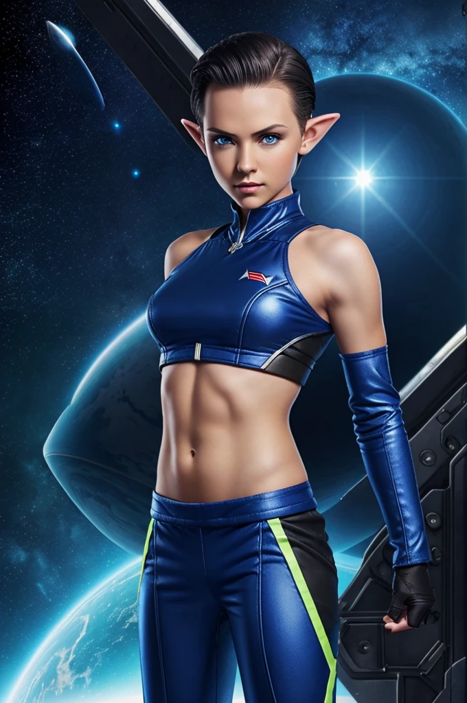 (Cute tomboy elf), space station background, Skinny body, Delgado, fit, mono de tron, very short hair, dark blonde hair, (slicked back hair, forehead), huge bulge in pants, Blue eyes, forehead, flat chest