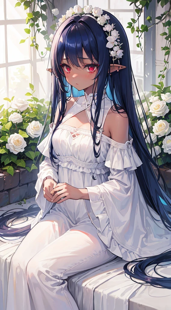 Black Hair、Long Hair、Green Eyes、Curly Hair、Curly Hair、Lady、White flower、White Dress、sunlight、Fluffy bangs、((Curly bangasterpiece、Complex composition、Overlooking、adult、woman, 、Dark Elf, Dark Skin, Pointy Ears, Navy Blue Hair、Red eyes、Somen、Kind eyes、Blushing、garden、White Dress、Long Hair