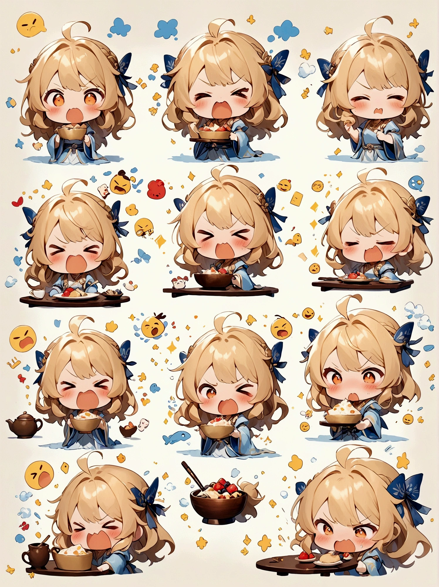 chibi, (1girl:1.5), (9 emojis, emoji sheet, Align arrangement)，(9 poses and expressions), (((angry, drooling, eating, embarassed, laughing, panicking, pout, shaded face, smug, shocked, empty eyes, sleeping, surprised sparkle, thinking))), Emoticon Art Design，(Delicate brushstrokes:1.5)，(Complete character illustrations)，(Detailed avatar table, Front diagram:1.5), (White background:1.5), Emoticon packages, (arranged neatly:1.2, spaced separately:1.2, not overlapping:1.2)，Well-defined shadows，Ultra-saturated colors，Motion capture, ((Nine Palace Grid Layout)), Ultra HD，8K，chibi emote