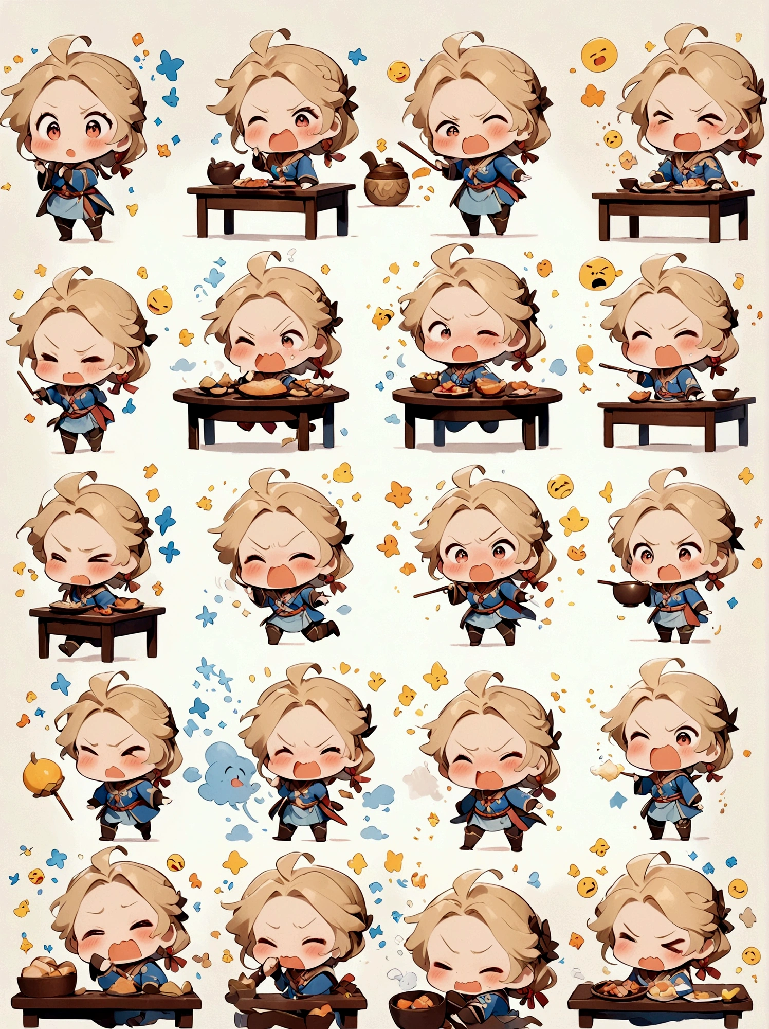 chibi, (1girl:1.5), (9 emojis, emoji sheet, Align arrangement),(9 poses and expressions), (((angry, drooling, eating, embarassed, laughing, panicking, pout, shaded face, smug, shocked, empty eyes, sleeping, surprised sparkle, thinking))), Emoticon Art Design,(Delicate brushstrokes:1.5),(Complete character illustrations),(Detailed avatar table, Front diagram:1.5), (White background:1.5), Emoticon packages, (arranged neatly:1.2, spaced separately:1.2, not overlapping:1.2),Well-defined shadows,Ultra-saturated colors,Motion capture, ((Nine Palace Grid Layout)), Ultra HD,8K,chibi emote