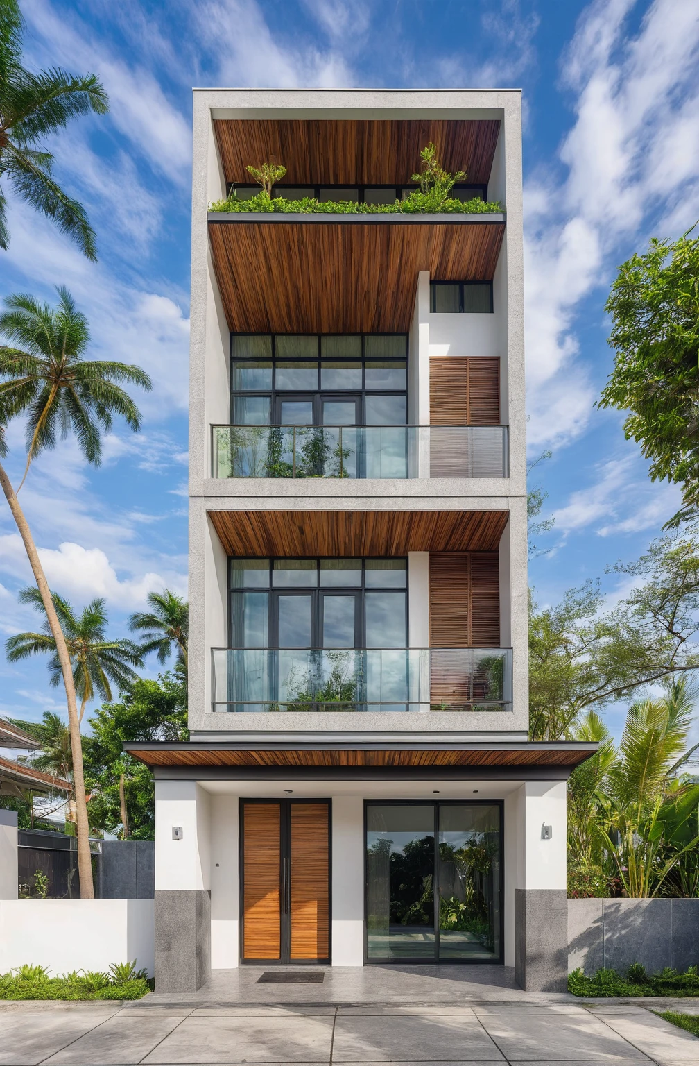 masterpiece, best quality, exterior design, (sunset), one-story modern house in Vietnamese village, marble, steel, modern light-colored granite facade and white walls, wooden ceiling , large glass, modern minimalist style, green shrubs and tropical plants background, large doors and windows.