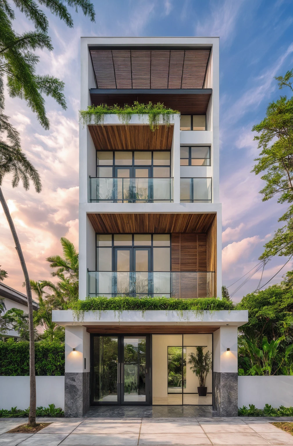 masterpiece, best quality, exterior design, (sunset), one-story modern house in Vietnamese village, marble, steel, modern light-colored granite facade and white walls, wooden ceiling , large glass, modern minimalist style, green shrubs and tropical plants background, large doors and windows.
