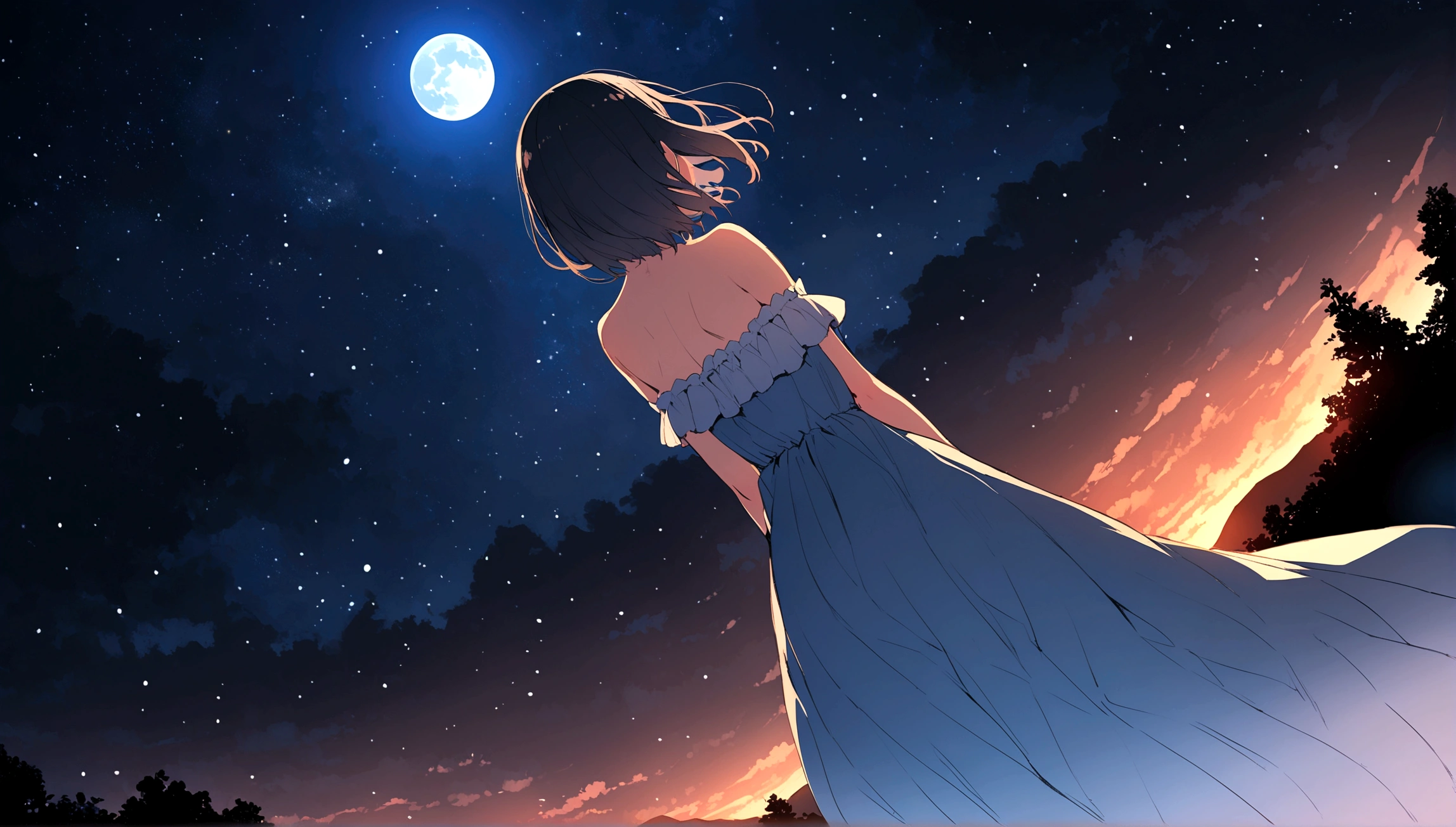 Wonderful night sky, beautiful full full moon, wide Angle, romantic night, vast starry sky, Makoto Shinkai _ Makoto Shinkai _ Makoto Miyazaki _ Japanese manga _