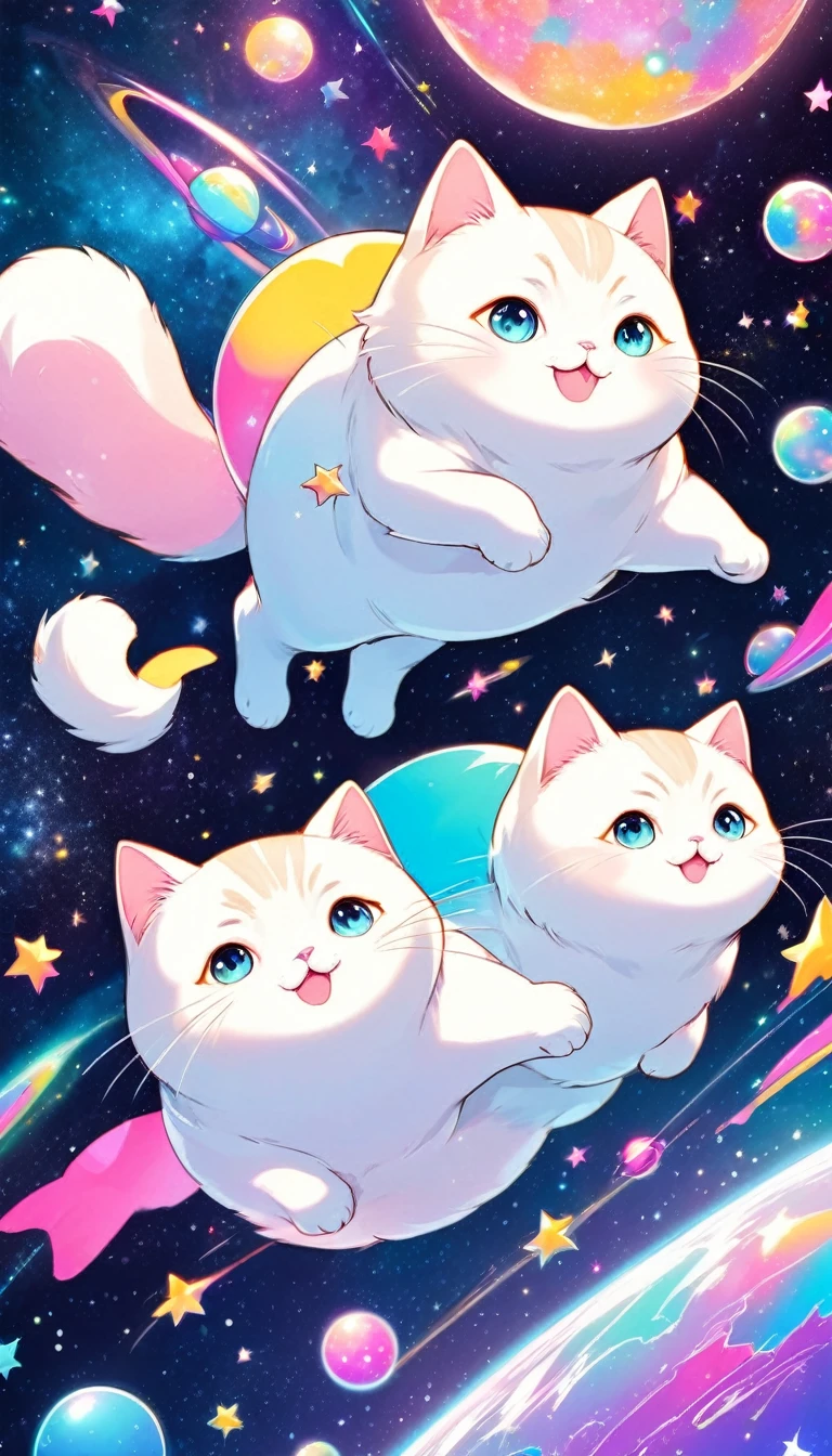 best quality, super fine, 16k, 2.5D, delicate and dynamic depiction, cute plump cats floating around, Infinite space, fantasy wonderland, zero gravity, cute pastel textures, pop art effects