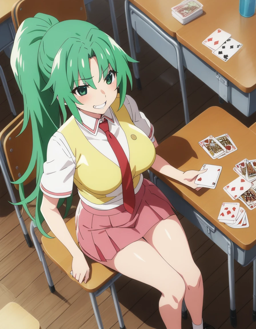 1girl,
sonozakimion,
green eyes,green hair,long hair,ponytail, large breasts
red necktie,yellow vest,mini skirt, grin, classroom, sitting, card game,hold card,table, from above, masterpiece, best quality, ultra detailed, highres,4k,(ultra-detailed:1.4) (illustration:0.5), (ray tracing,:0.8),(anime colored:0.7),(ai-generated:0.5), (anime screencap:1.2),