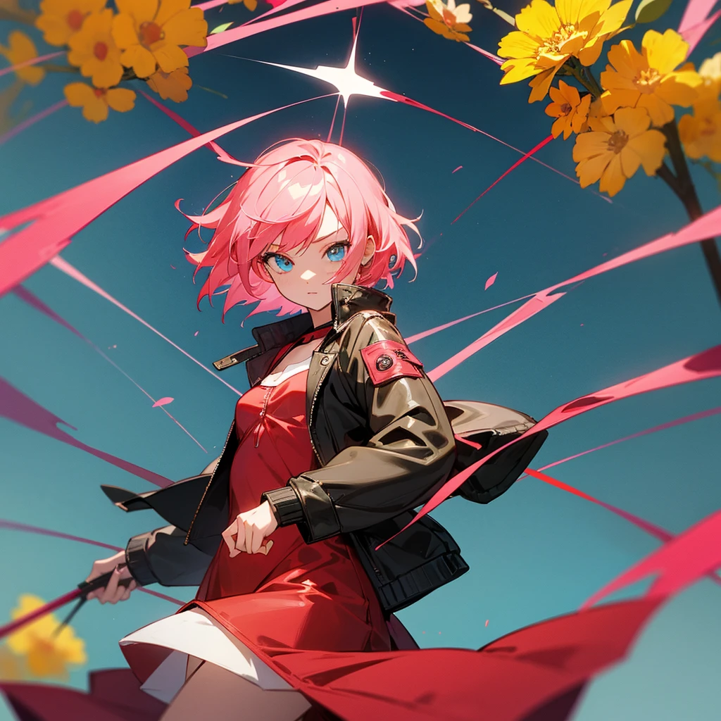 Generate an anime girl, short pink hair, one yellow eye and one blue eye, leather jacket and red dress, with a background of yellow flowers