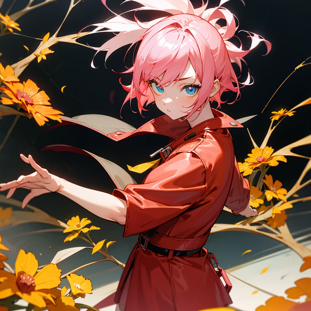 Generate an anime girl, short pink hair, one yellow eye and one blue eye, leather jacket and red dress, with a background of yellow flowers
