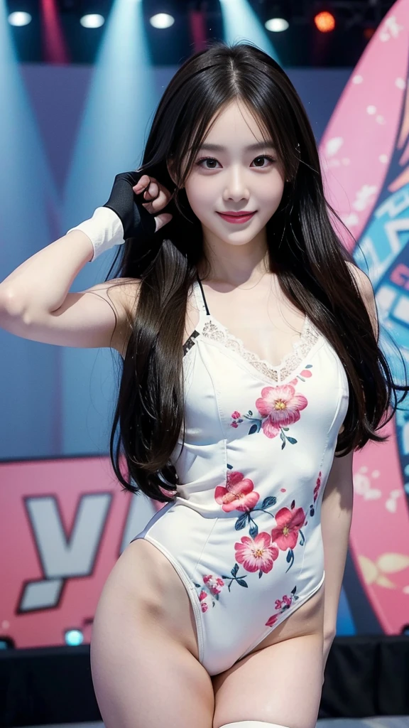 pretty girl with perfect body, (Floral White One-Piece Swimsuit), Very ,straight black hair,forehead,Stand in the ring of professional wrestling,Highly detailed face and skin, detailed eyes, double eyelid,knee high socks,Lace gloves,Nogizaka46,smiling smile, slim body, slim girl, slim thighs,small ass,Pose with hands on hips,fight in professional wrestling