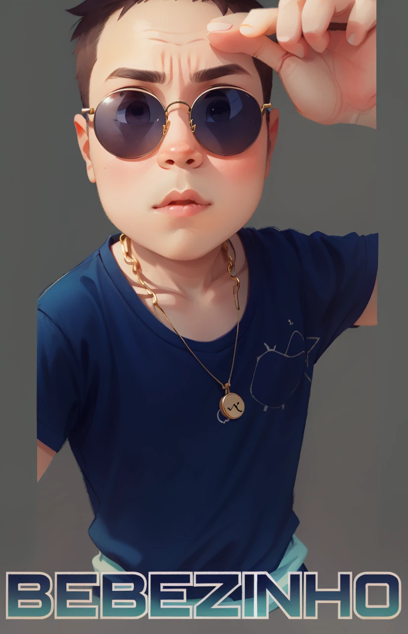 Black Eyeglass, hand on forehead, dark blue shirt with light green border, name, gold chain, alone,