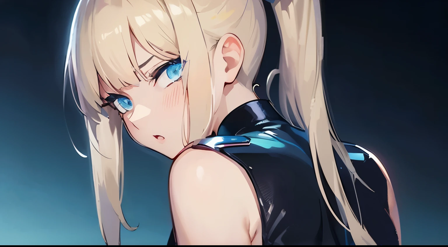 Sleeveless、'No sleeve'恥ずかしい、Embarrassed、Only the face、Face Up、1 person、No sleeve、Ahegao、ponytail、blonde、amount、Blue Leather Shirt、Sara、No sleeve、best quality, super fine illustration,(((beautiful fine hair))),(((beautiful fine face))),(((beautiful fine background))),blue-black leather pants, silver zipper,belt below the waist,super fine illustration,(((beautiful fine hair))),(((beautiful fine face))),(((beautiful fine background))),normal small size,bangs bangs ,(((beautiful fine hair))),(((beautiful fine face))),(((beautiful fine background))),blond hair , showing forehead, silver center zipper, leather blue black bodysuit, sleevelesblue blacks, shiny, blonde ponytail