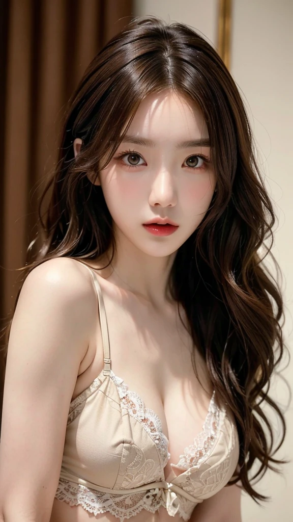 ((masterpiece: 1.4, best quality))+,(ultra detail)+, official art, unity 8k wallpaper, ultra detail, beautiful, high quality, Highlight your cute face,  masterpiece, best quality, half wavy medium length hair, (brown eyes, brown hair), bust, looking straight ahead, lace lingerie