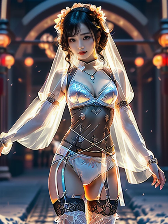 An Asian Chinese female model, (background:Virtual space),(background:night), (8K Ultra HD, Digital SLR Camera, Soft Light, high quality, Volumetric Lighting, frank, photo, high resolution, 4K, 8K, Bokeh), ((Create stunning images of real girls), warm light, Dynamic poses, Elegant Posture, Cowboy lens, Full body front view, From the front,Be confident, Front of the body facing the camera, Standing posture facing the camera, Open your legs slightly, Golden Ratio Graphics, Minimalism), (Show a charming smile, Willow Leaf Eyebrows, big eyes, Apricot eye prick, Cherry Blossom, Balanced Eyes, Oval face, Pretty Face, Normal facial features, Skin is transparent and visible, Thin skin and tender meat, cosmetic, earrings, bracelet, necklace, Jewelry, veil, Hair accessories), (Brown hair, Wavy curly hairstyle, Waist-length hair, Messy Hairstyle, Gradient hairstyles, Cyberpunk hairstyle), ((Transparent clothes:1.5), (Color of clothes:amaranth red), See-through clothes, Mesh clothes, Transparent mesh one-piece swimsuit, Lace sexy lingerie), (Sexy, Perfect breast shape, Teardrop-shaped chest shape, Snow-white breasts, very detailed breasts, 34E cup, Exposing the southern breast), (Super high waist clothes, Waist hollow,Camel toe, Levain), (Black socks, Sheer lace knee socks, 吊garter, Leg ring, garter, 腿部garter)