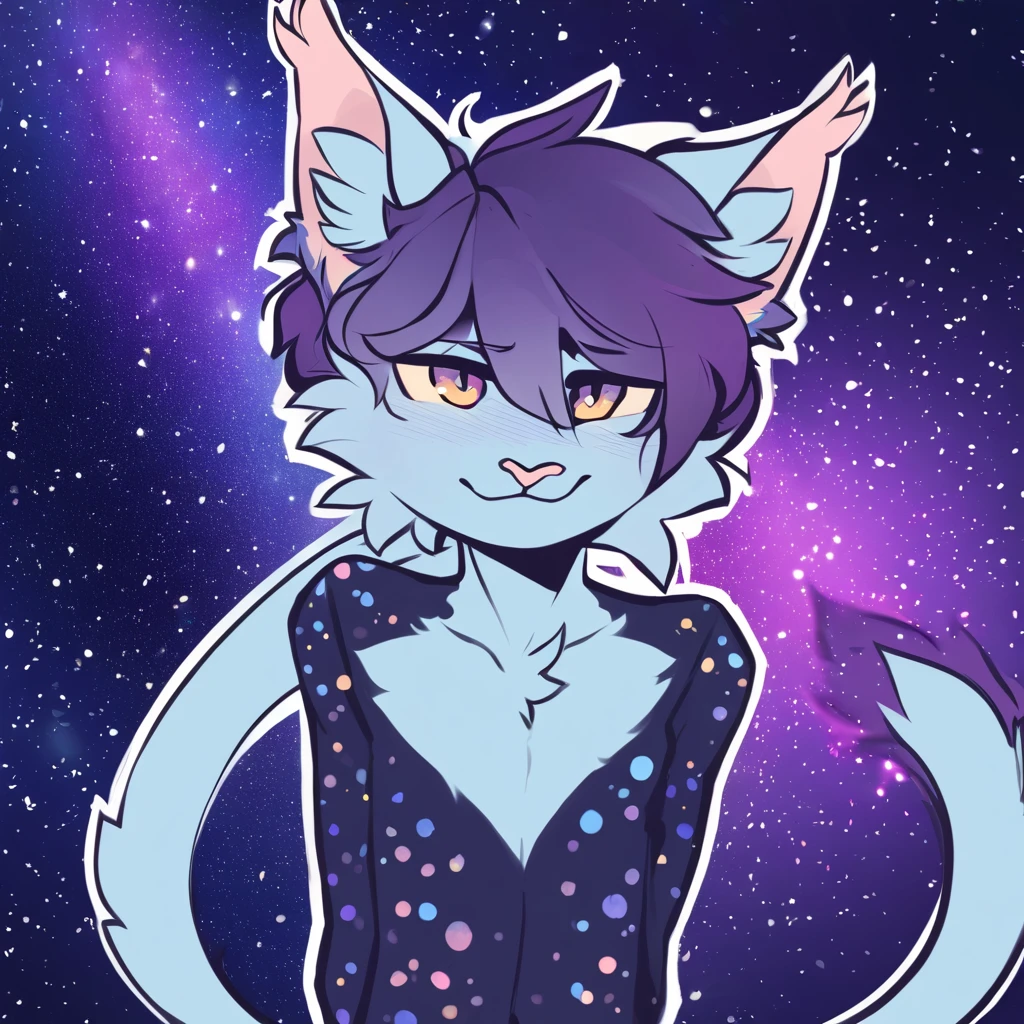 adult, feline, mammal, anthro, anthromorphic, cat, striped, fur, furred_anthro, femboy, male, dark_blue, ear_tufts, paws, hair_tuft, hair_between_eyes, long_tail, fluffy, expressive_eyes, purple_hair, light, galaxy_fur, looking_at_viewer, light_blue_chest, shy, small_pupils, spotted_pattern, stripes, digital_art, high_resolution, high_res, background shy, head_visible, neck_visible, profile_picture, seductive_face, galaxy_background, white_outline, angry_expression