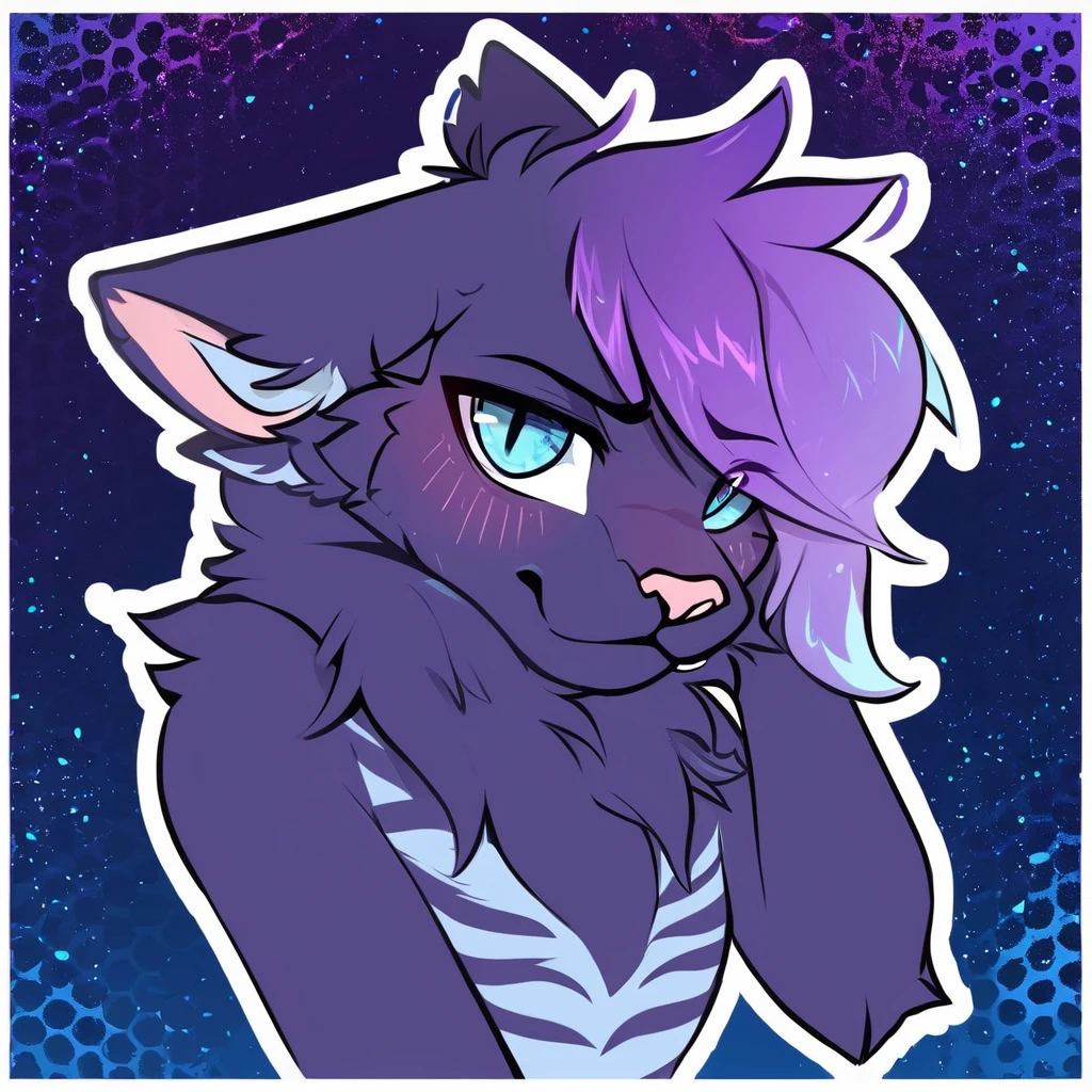 adult, feline, mammal, anthro, anthromorphic, cat, striped, fur, furred_anthro, femboy, male, dark_blue, ear_tufts, paws, hair_tuft, hair_between_eyes, long_tail, fluffy, expressive_eyes, purple_hair, light, galaxy_fur, looking_at_viewer, light_blue_chest, shy, small_pupils, spotted_pattern, stripes, digital_art, high_resolution, high_res, background shy, head_visible, neck_visible, profile_picture, seductive_face, galaxy_background, white_outline, angry_expression