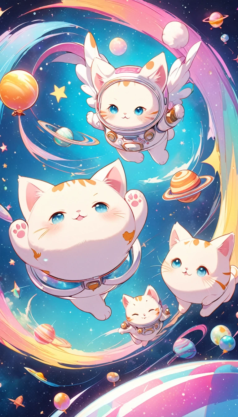best quality, super fine, 16k, 2.5D, delicate and dynamic depiction, cute plump cats floating around, Infinite space, fantasy wonderland, zero gravity, cute pastel textures, pop art effects