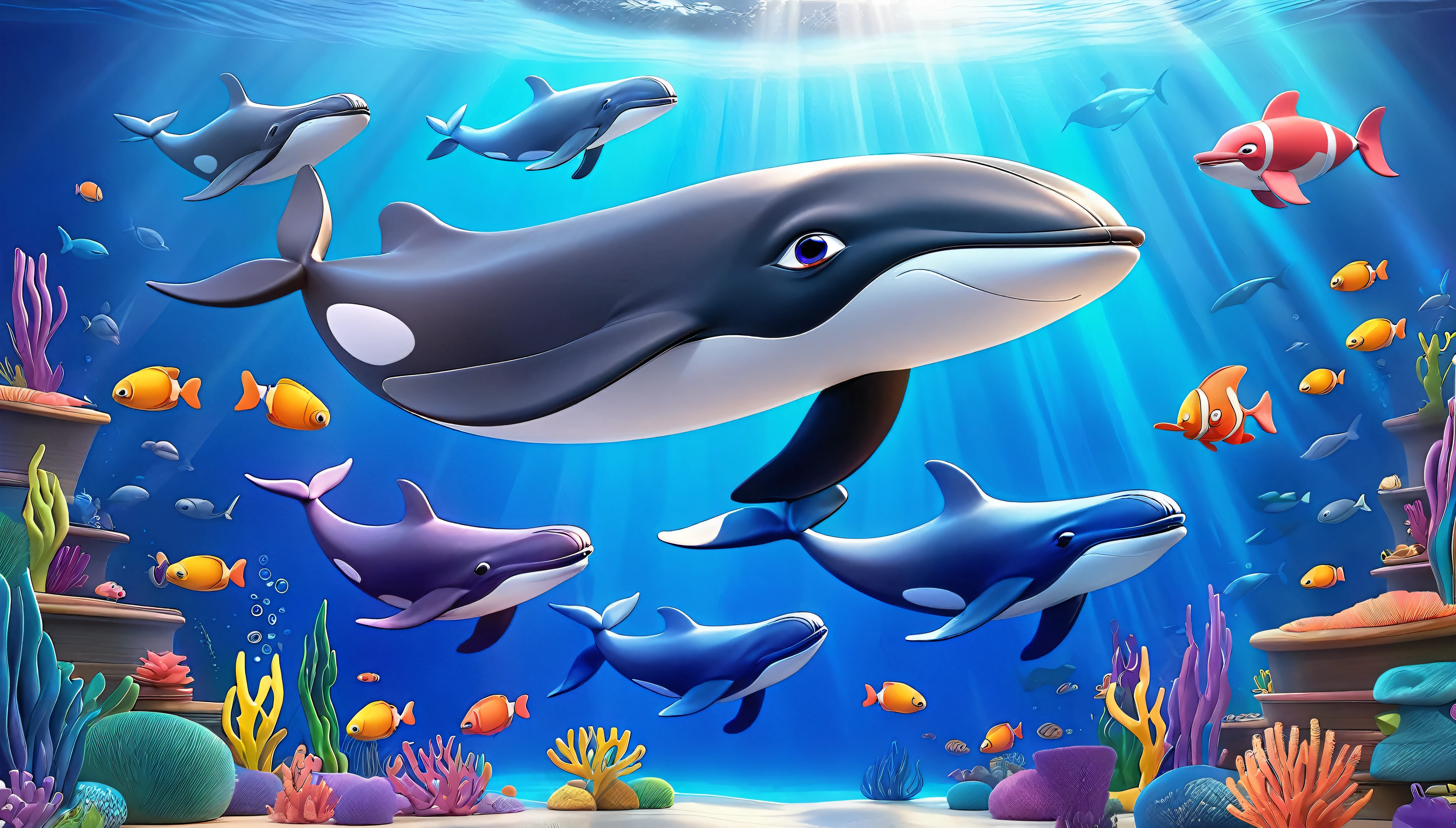Create a 3-D Pixar style art scene for kids featuring a pod of whales swimming together. The scene should be colorful and vibrant, with an ocean background, coral reefs, and schools of fish.The overall mood should be engaging and inviting for young children."