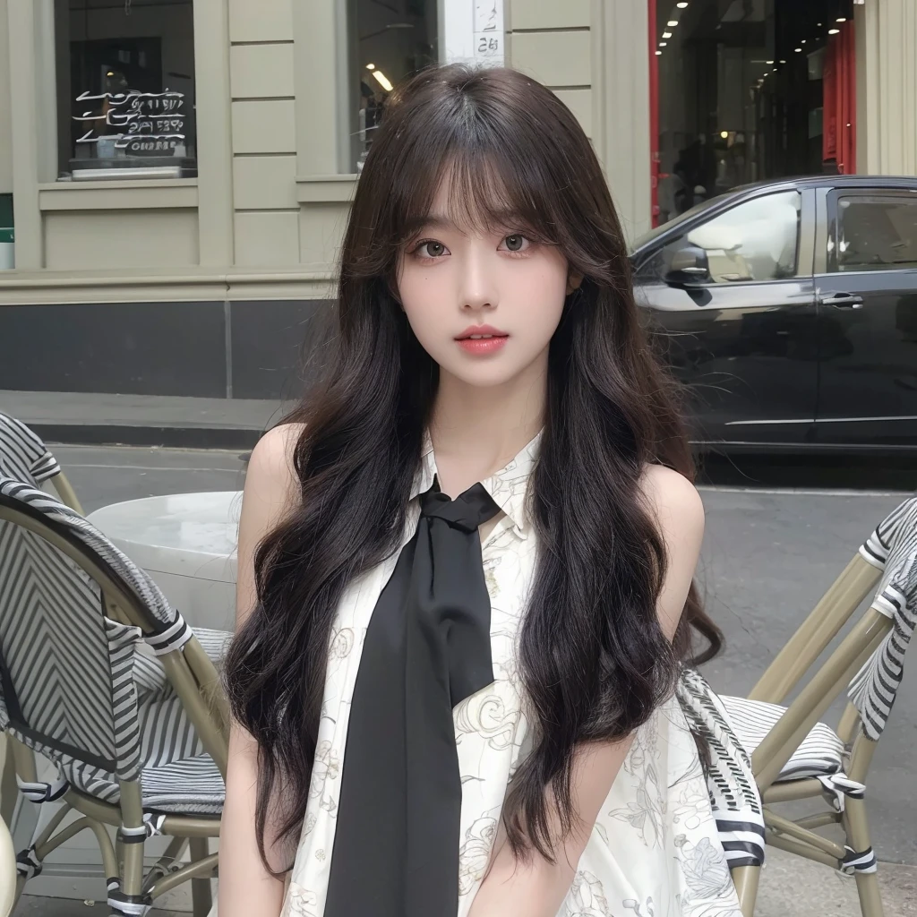 Air bangs long curly hair,Long curly black brown hair,Natural and beautiful hair,The background is simple and clean,uniform hair color