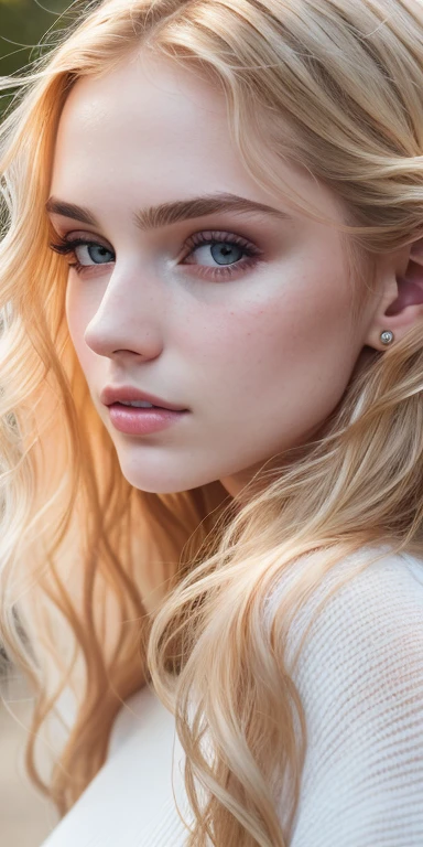 Photo of a 21-year-old European girl, raw, Beautiful woman, (Extra long wavy blonde hair), ((Portrait)), ((Detailed face:1.2)), ((detailed facial features)), (finely detailed skin), pale skin, , wrapped in a sheet, (cold color), moist, moist, Reflectors, (masterpiece) (perfectly proportions)(photos realistic)(Best Quality) (Detailed) photographed in a Canon EOS R5, 50mm Lens, F/2.8, (8K) (Wallpaper) (Cinematic lighting) (Dramatic Lighting) (foco nítido) (Convoluted) Fashion, looking at camera, sweater, portrait, upper body, selfie, full face, front side, above neck view, front view, full head visible