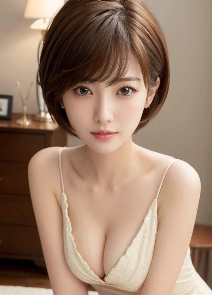 masterpiece、Highest quality、High resolution、Tabletop、wallpaper、Realistic、Bright lighting、Professional Lighting、Face Light、Smooth lighting、Japanese women、Adult、Beautiful woman、action、gravure、sexy、so beautiful、Beautiful Skin、Beautiful and exquisite、Detailed face、slim、moderately、short hair、Brunette colored hair、Brown eyes、Looking into the camera、Large Breasts、Cleavage、whole body、shell、Embarrassed