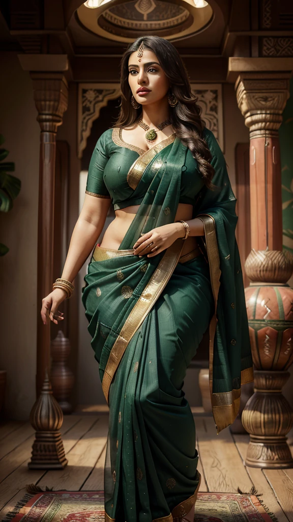 (highly detailed,illustration,intricate,attractive body,beautiful eyes,beautiful lips,extremely detailed face,longeyelashes), ((Full body picture)), cinematic, potrait, dynamic lighting,age 35, most beautiful picture, half indian  half Pakistani woman celebrity, (wearing traditional indian green saree), traditional indian clothes, indian jewelry, symmetrical face, stunning art, intense look, detailed, red lips, messy strands of hair, detailed hair, intense look, (best quality,4k,8k,highres,masterpiece:1.2),ultra-detailed,(realistic,photorealistic,photo-realistic:1.37),vivid colors,sharp focus,portrait, studio lighting, in a temple, (SFW), (light skin color) full body ,(plus size:1.3),big breasts,,((plus size:1.3)),outsize model , (hourglass figure:1.3),(wide hips), sharp and focus,different poses, different angle 