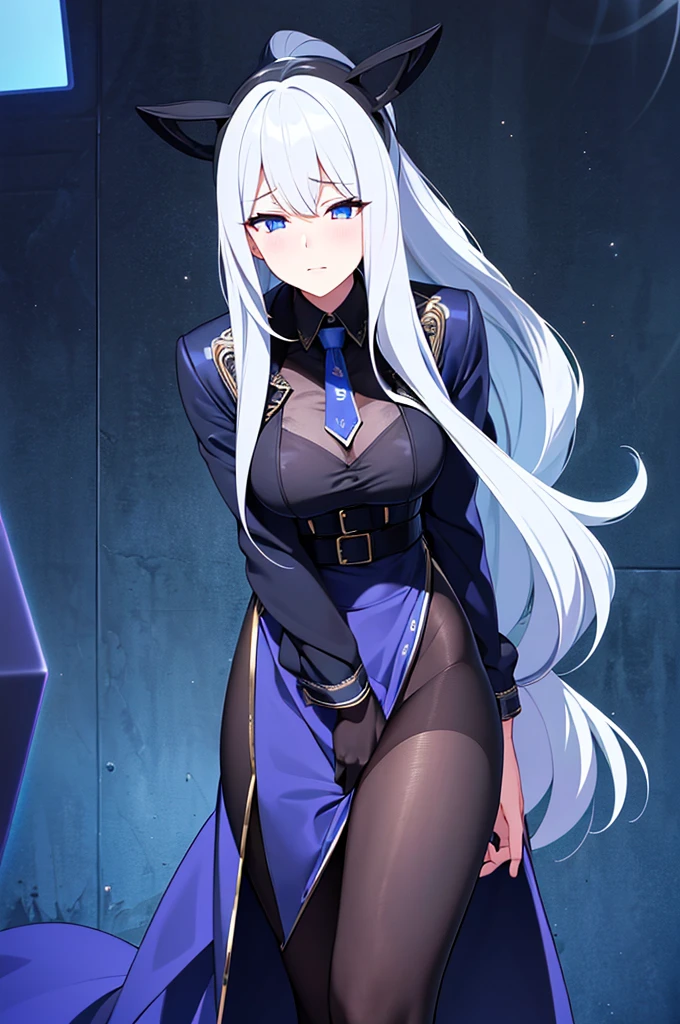 (Highest quality), (High resolution), (masterpiece), (Super detailed), Silver Hair, Long Hair, Blue and purple eyes, Blue Archive Art Style, One girl,  girl, Young Girl, Silky skin, Shiny skin, An athletic body, blush, Heavy breathing, chest, (Open clothes, Black long coat, White shirt, Black tie, Black trousers, My crotch is wet), Diagram from the front, (Bright saturation), Dripping love juice, Heart Pupil, Expression of pleasure, Trembling with sexual climax, Heavy breathing, Night Alley