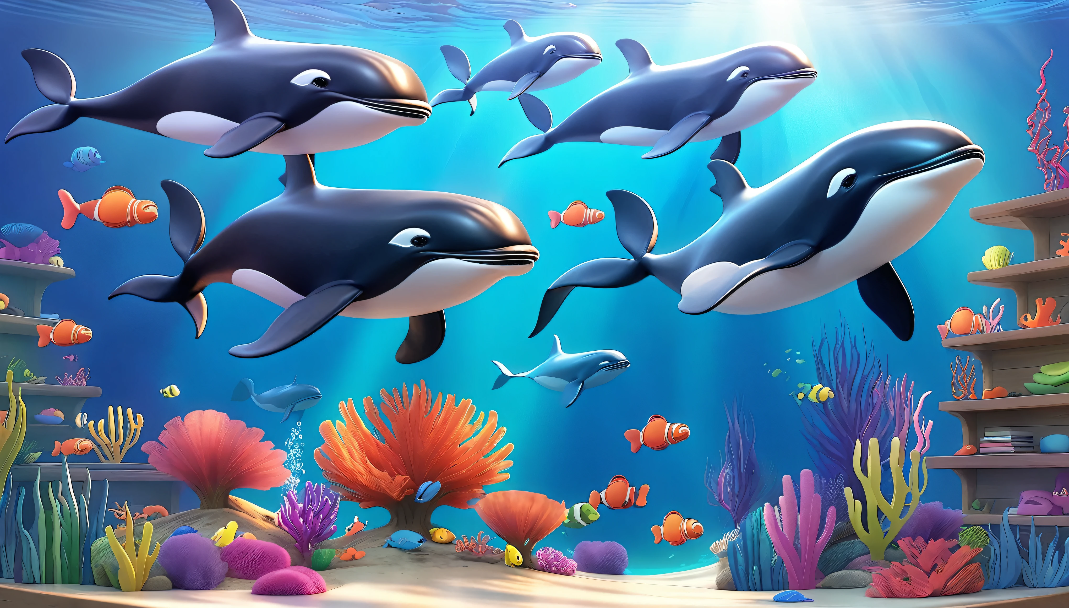 Create a 3-D Pixar style art scene for kids featuring a pod of whales swimming together. The scene should be colorful and vibrant, with an ocean background, coral reefs, and schools of fish.The overall mood should be engaging and inviting for young children."