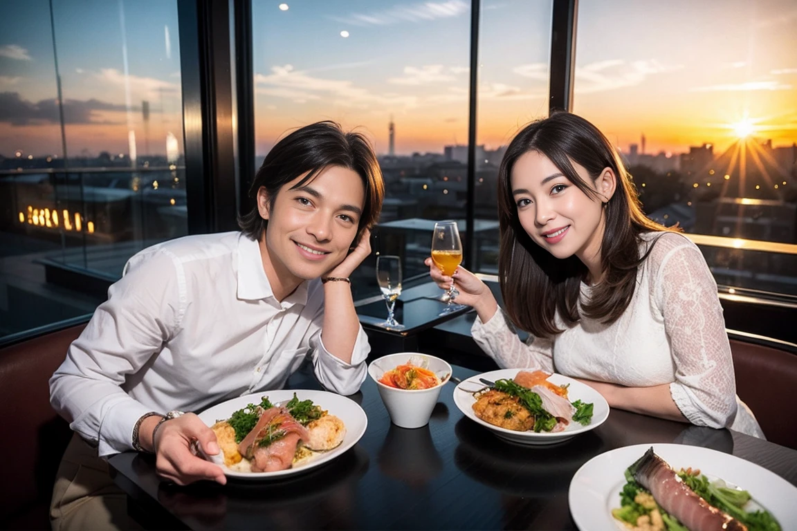 ((Highest quality、、masterpiece:1.3))、1 male、1 female、spouse、Beautiful couple、smile、sashimi、Yakitori tempura、 (Slim face), (the body is スリム), (Brown Hair), (Shortcuts), ((Bob Hale、Straight hair:1.2)), Sake cups on the table、 Amazing view of the sunset sky and clouds、smileの美しさ、Bright image、Blushing, Shortcuts, (43 years old), 39 years old, Appetizers、Long sleeve shirt、dress、Attractive beauty、restaurant, Nova Frog Style, actress, model,