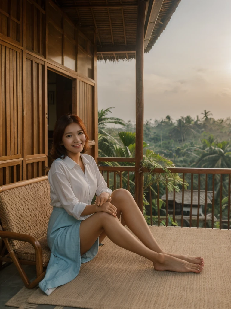 Mina, 1girl, solo, realistic, photorealistic, high quality picture, 8k, high resolution, detailed quality, film grain, natural photo, ultrarealistic, (((25-years-old))), ((detailed wrinkles in her face)), FILIPINA, (Background: Indonesian), (((SLIM))), ((THIN)), (Slender) ((auburn hair)), Light smile, fully clothed, Pose: Sitting, ((sitting on her patio in her house in Indonesia)), sunrise, full shot