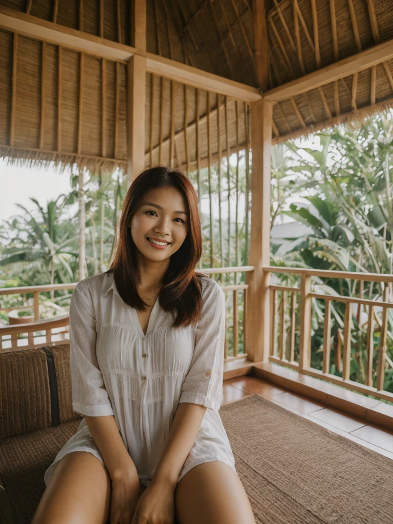 Mina, 1girl, solo, realistic, photorealistic, high quality picture, 8k, high resolution, detailed quality, film grain, natural photo, ultrarealistic, (((25-years-old))), ((detailed wrinkles in her face)), FILIPINA, (Background: Indonesian), (((SLIM))), ((THIN)), (Slender) ((auburn hair)), Light smile, fully clothed, Pose: Sitting, ((sitting on her patio in her house in Indonesia)), sunrise, full shot