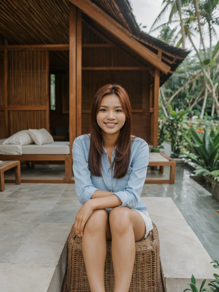 Mina, 1girl, solo, realistic, photorealistic, high quality picture, 8k, high resolution, detailed quality, film grain, natural photo, ultrarealistic, (((25-years-old))), ((detailed wrinkles in her face)), FILIPINA, (Background: Indonesian), (((SLIM))), ((THIN)), (Slender) ((auburn hair)), Light smile, fully clothed, Pose: Sitting, ((sitting on her patio in her house in Indonesia)), sunrise, full shot