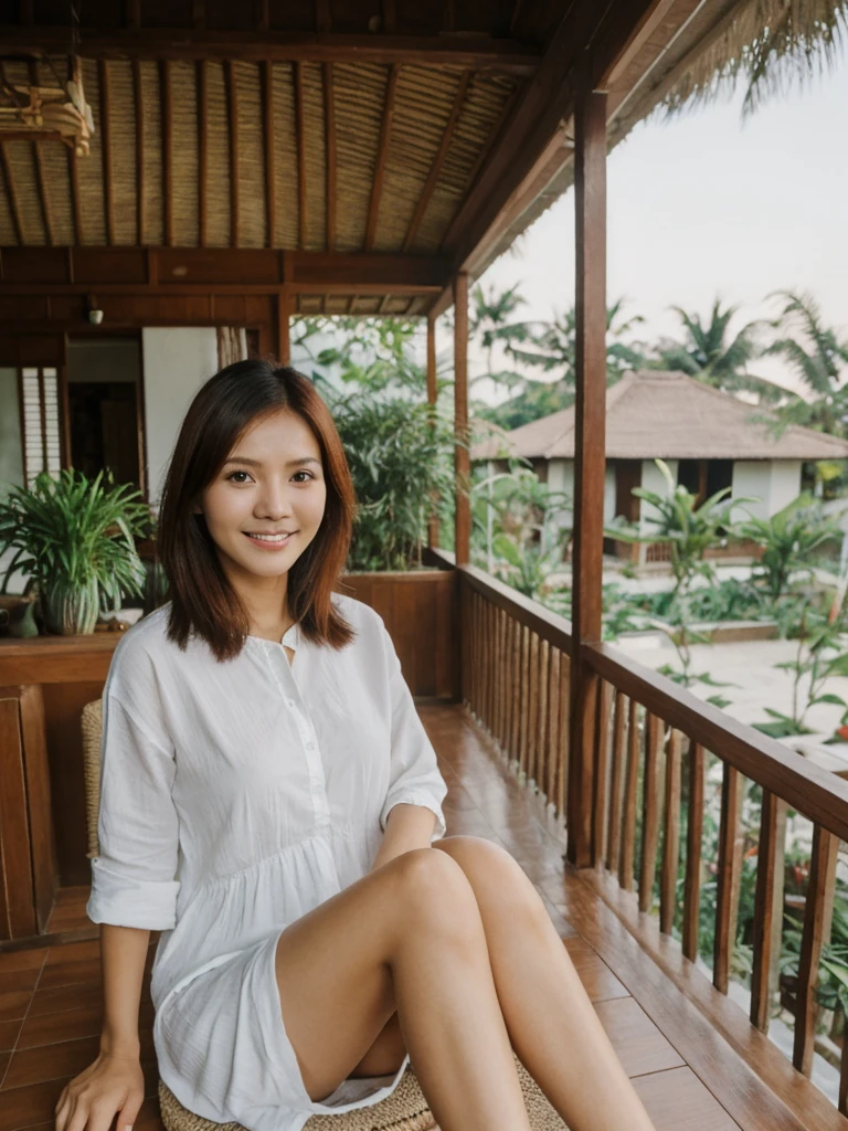 Mina, 1girl, solo, realistic, photorealistic, high quality picture, 8k, high resolution, detailed quality, film grain, natural photo, ultrarealistic, (((25-years-old))), ((detailed wrinkles in her face)), FILIPINA, (Background: Indonesian), (((SLIM))), ((THIN)), (Slender) ((auburn hair)), Light smile, fully clothed, Pose: Sitting, ((sitting on her patio in her house in Indonesia)), sunrise, full shot