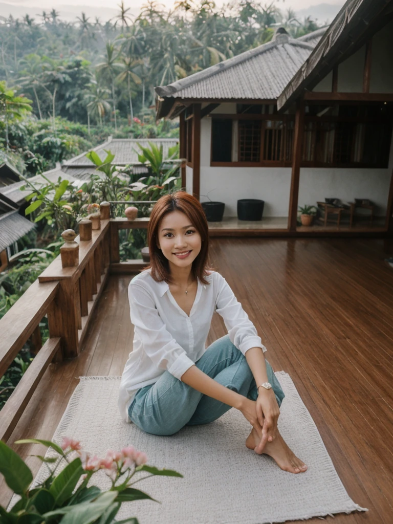 Mina, 1girl, solo, realistic, photorealistic, high quality picture, 8k, high resolution, detailed quality, film grain, natural photo, ultrarealistic, (((25-years-old))), ((detailed wrinkles in her face)), FILIPINA, (Background: Indonesian), (((SLIM))), ((THIN)), (Slender) ((auburn hair)), Light smile, fully clothed, Pose: Sitting, ((sitting on her patio in her house in Indonesia)), sunrise, full shot