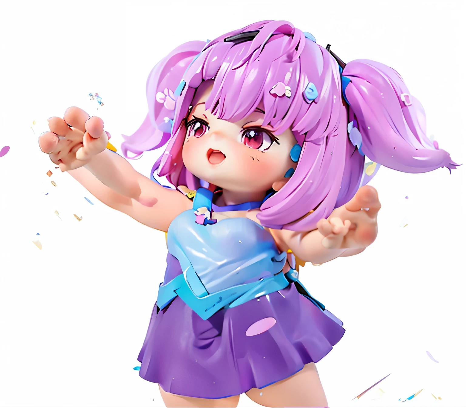 c short skirt,Sleeveless skirt,Chubby girl,Pink long hair tied into two ponytails,Beautiful big eyes,Cute chubby blind box girl,Pop Mart style characters,Two headed,wearing a beautiful robe,white skirts,Highly detailed characters,Digital character illustration,Disney art style