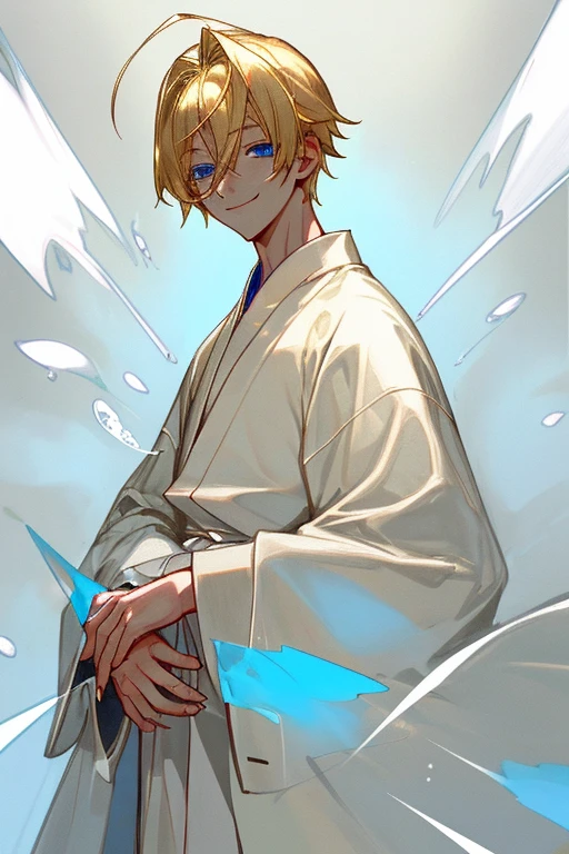 blonde，boy with clear blue eyes，Priest white robe，Realism， gentle，Smile，meticulous。