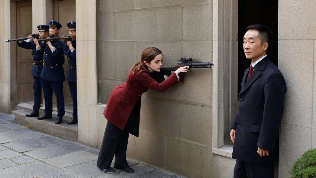 Emma Watson and a chinese men taking cover from enemy firing their guns, both of them are hiding behind the wall