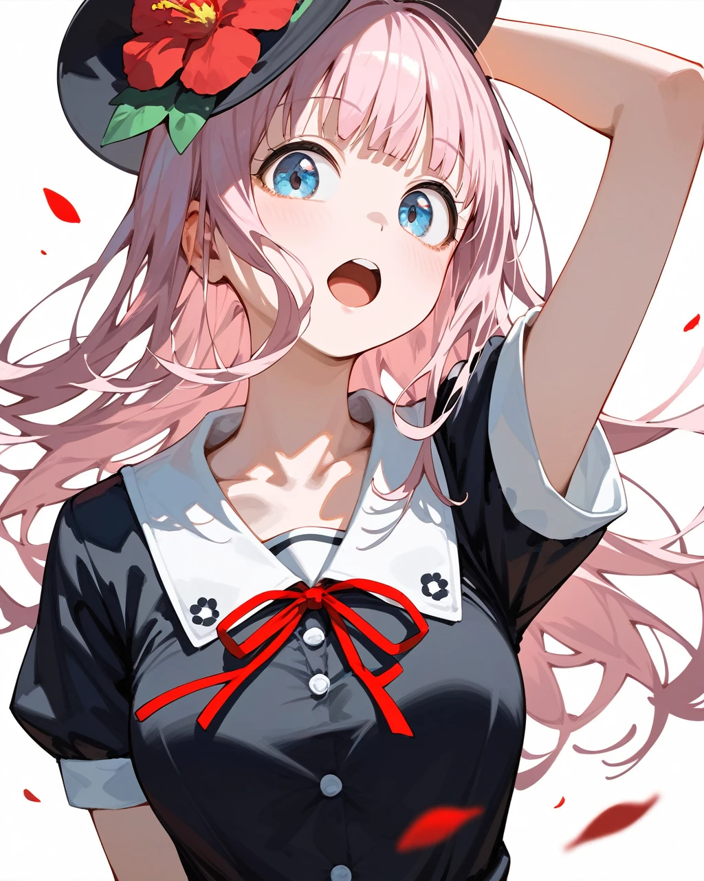 masterpiece,best quality,shuuchiin academy ,1girl,fujiwara chika,solo,summer uniform,black bow,open mouth,looking at viewer,red ribbon,short sleeves,:d,black dress,collarbone,white background,upper body,neck ribbon,flower,arm up,medium breasts,