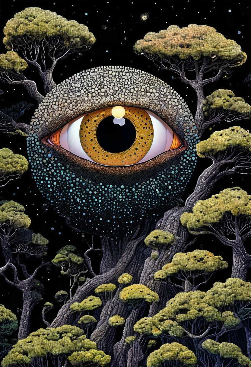 Strange illustration,Pointillism method,Trypophobia,Building on tree tops,Eye,unrealistic,Strong visual impact,black background,Star