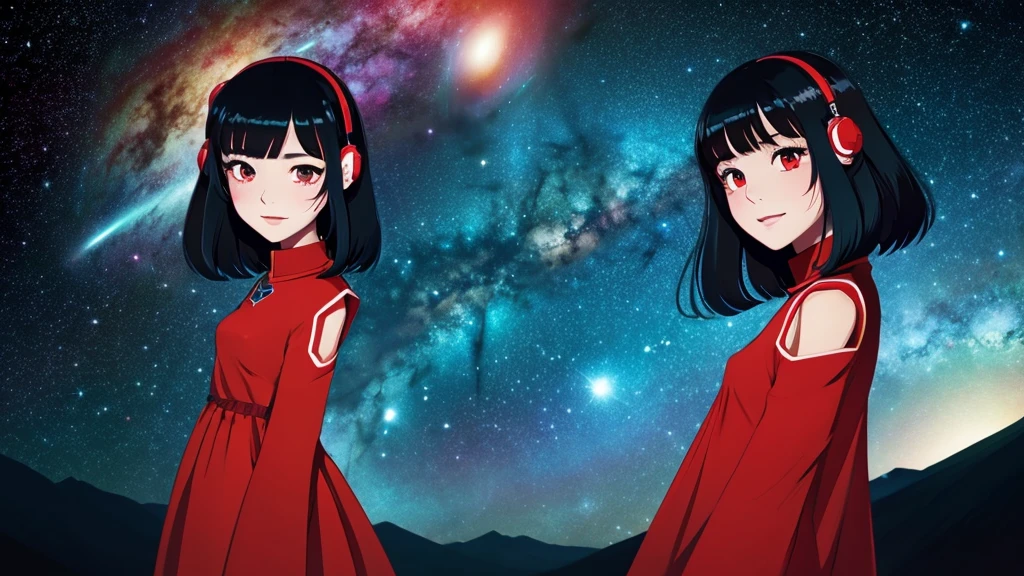 Asian girl in alien space between the North Star and the Big Dipper、Anime Style、Shoulder-length black hair、Red Eyes、Red clothes