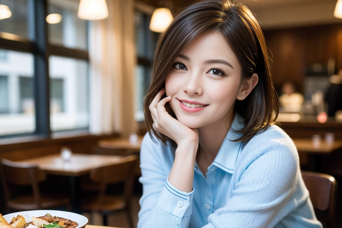 ((Highest quality、8K、masterpiece:1.3))、beauty、1 male、1 female、Couple、spouse、half、The body is slim、((Bob Hale、Straight hair:1.2)), (Realistic, Intricate details:1.2), lunch time,Pasta on the table、Put the light on your face、Amazing view of sky and clouds at daytime、A bright smile、The wonderfulness of smile、Bright image、The beauty of wine, Beautiful Face, blue eyes, The light shines on your face, Blushing, short hair,Bright Face、 (Age 25), Age 25, coffee 、Appetizers、Italian food、Brown Hair、Shortcuts、Long sleeve shirt、dress、Beautiful woman 1, (slimな顔), (The body is slim), (Brown Hair), (Shortcuts), cheeks turn a little red,Attractive beauty、Cafe, In a prominent place (From the waist up) Nova Frog Style, actress, model, Upper Body, Lunch Menu, slim, coffee placed in the center, smile, (smile: 1.15), Beautiful fine grain, Depth f/2,saturation, High Contrast, Strong light and shadow,Moist Body:1.5、3D texture、Delicate eyes、Brown Hair、The hair is very shiny、