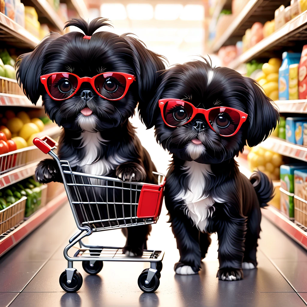 2 Adorable small black Shih Tzu puppies red sunglasses grocery cart 3d cartoon 3d render disney pixar style