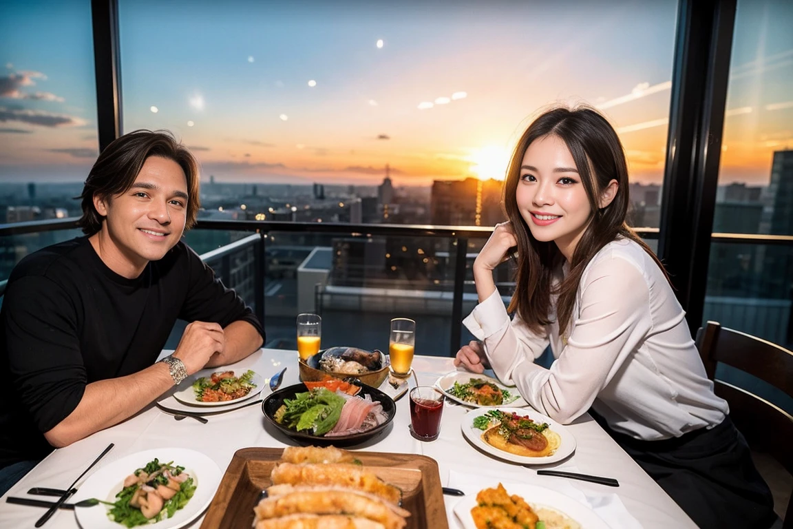 ((Highest quality、、masterpiece:1.3))、1 male、1 female、spouse、Beautiful couple、smile、sashimi、Yakitori tempura、 (Slim face), (the body is スリム), (Brown Hair), (Shortcuts), ((Bob Hale、Straight hair:1.2)), Sake cups on the table、 Amazing view of the sunset sky and clouds、smileの美しさ、Bright image、Blushing, Shortcuts, (43 years old), 39 years old, Appetizers、Long sleeve shirt、dress、Attractive beauty、restaurant, Nova Frog Style, actress, model,