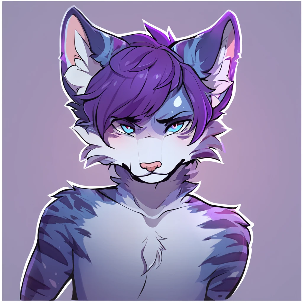adult, feline, mammal, anthro, anthromorphic, cat, striped, fur, furred_anthro, femboy, male, dark_blue, ear_tufts, paws, hair_tuft, hair_between_eyes, long_tail, fluffy, expressive_eyes, purple_hair, light, galaxy_fur, looking_at_viewer, light_blue_chest, shy, small_pupils, spotted_pattern, stripes, digital_art, high_resolution, high_res, background shy, head_visible, neck_visible, profile_picture, seductive_face, white_outline, angry_expression