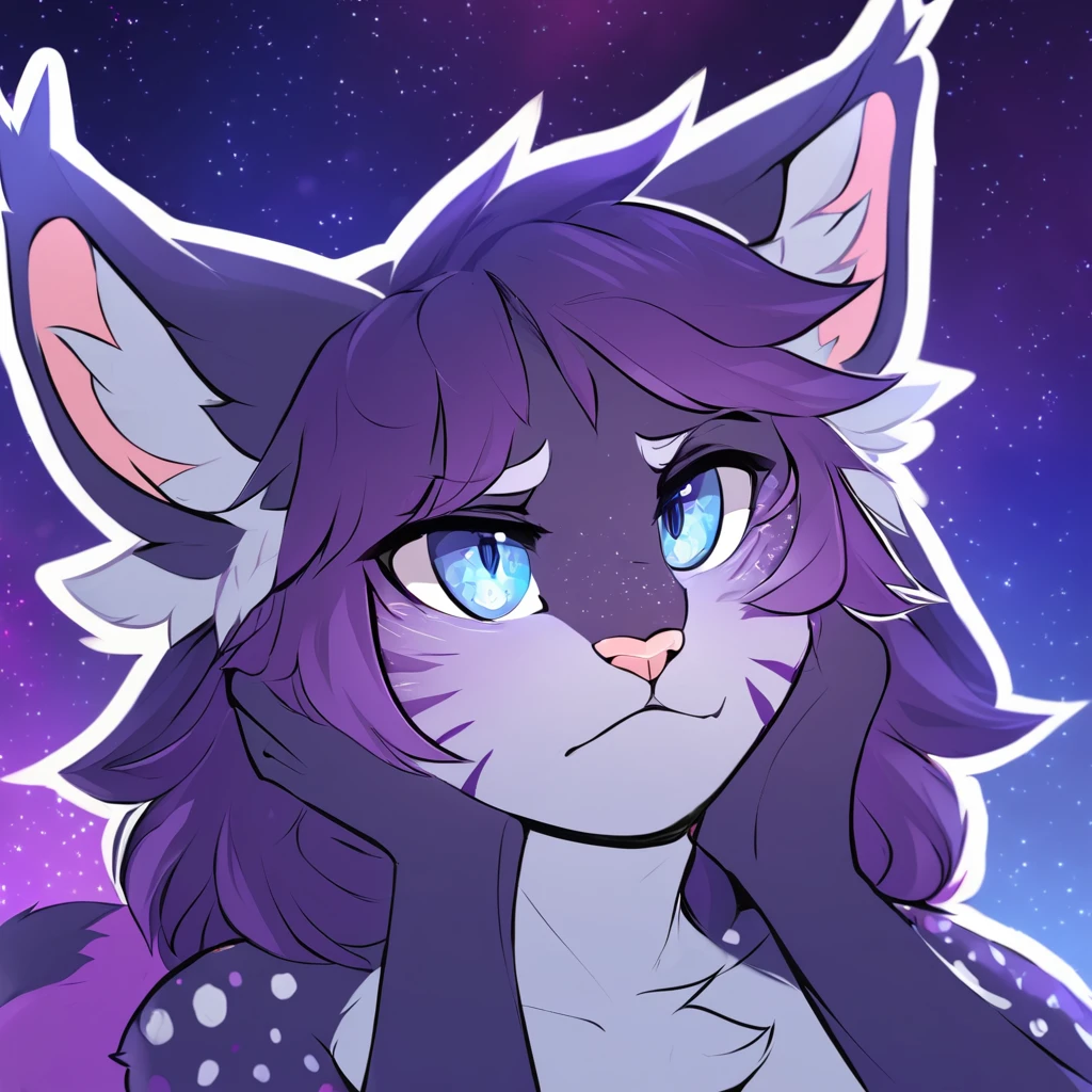 adult, feline, mammal, anthro, anthromorphic, cat, striped, fur, furred_anthro, femboy, male, dark_blue, ear_tufts, paws, hair_tuft, hair_between_eyes, long_tail, fluffy, expressive_eyes, purple_hair, light, galaxy_fur, looking_at_viewer, light_blue_chest, shy, small_pupils, spotted_pattern, stripes, digital_art, high_resolution, high_res, background shy, head_visible, neck_visible, profile_picture, seductive_face, white_outline, angry_expression