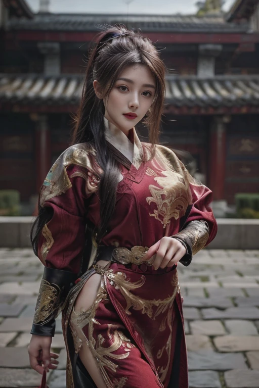 realistic, red cloth, exquisite face, braid, beautiful girl, Full show, Gold Embroidery， black embroidered gold， high ponytail， depth of field, high resolution, 1 woman, hips up, beautiful eyes, white hair, long hair, big eyes, Chinese clothes, Fei Yu