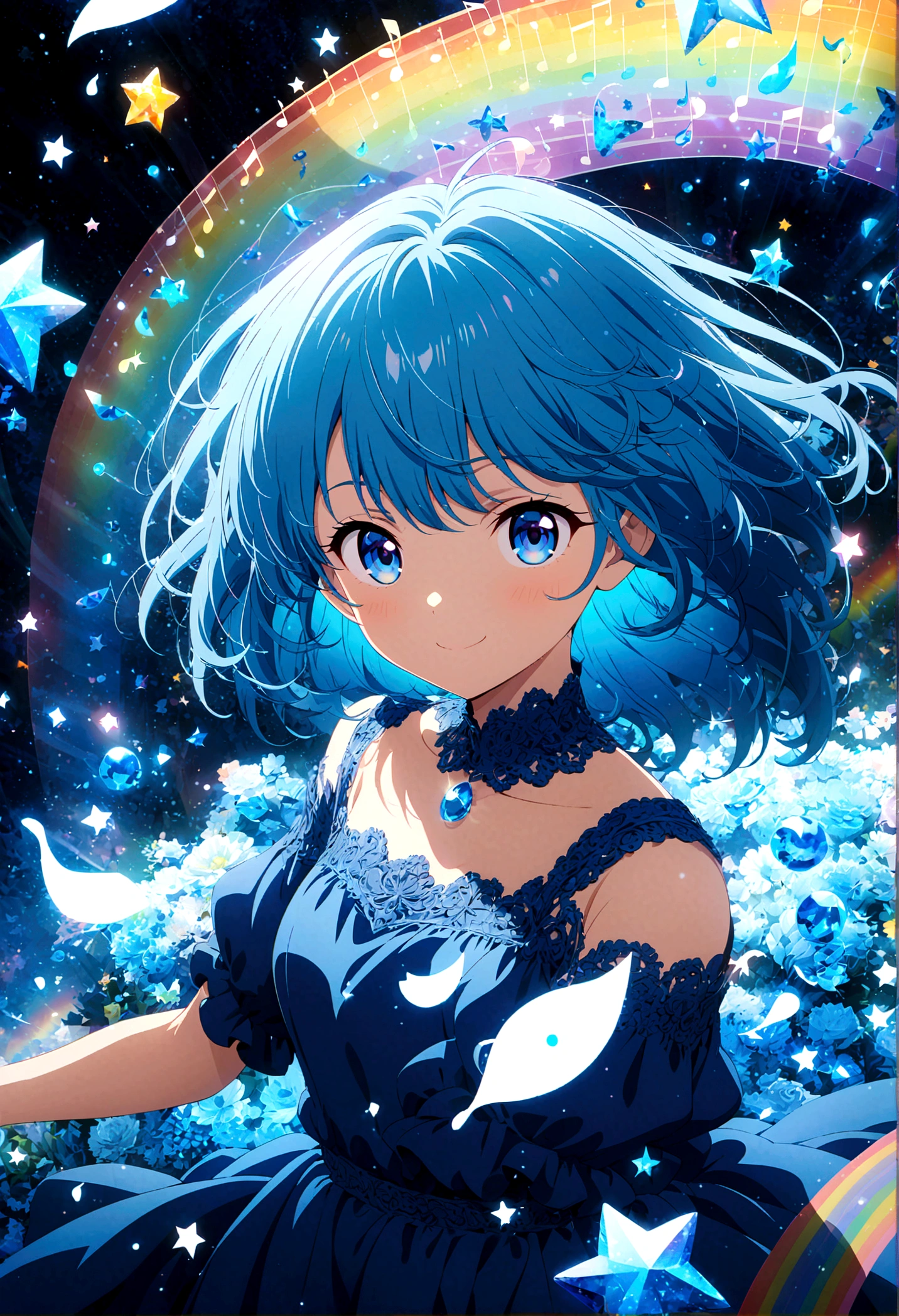 Anime style, ultra-detailed, 8K CG, blue-haired girl, smile, blue world, mysterious blue objects floating, star, (musical note), rainbow, blue dress