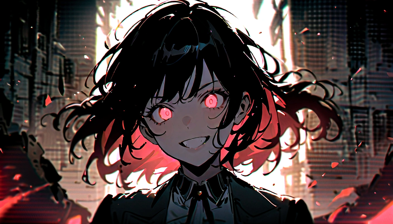 Portrait of the exorcist, desolate house, fright,best quality, masterpiece, absurdres, high quality, very authentic, upper body, glowing neon pupils eyes,moody, special effects, light particles, chromatic aberration, shallow depth of field, film, filmic, casting shadow, dark, grin, dynamic pose,