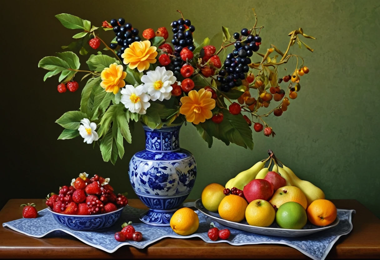 A vase of flowers and fruit on a table, Digital Art by Yang Borun, tumbler, Digital Art, Fruits and flowers, Made of flowers and fruits, Digital Art h 9 6 0, Still life, made of Fruits and flowers, Very realistic, Made of flowers and berries, Oil painting h 768, Detailed)