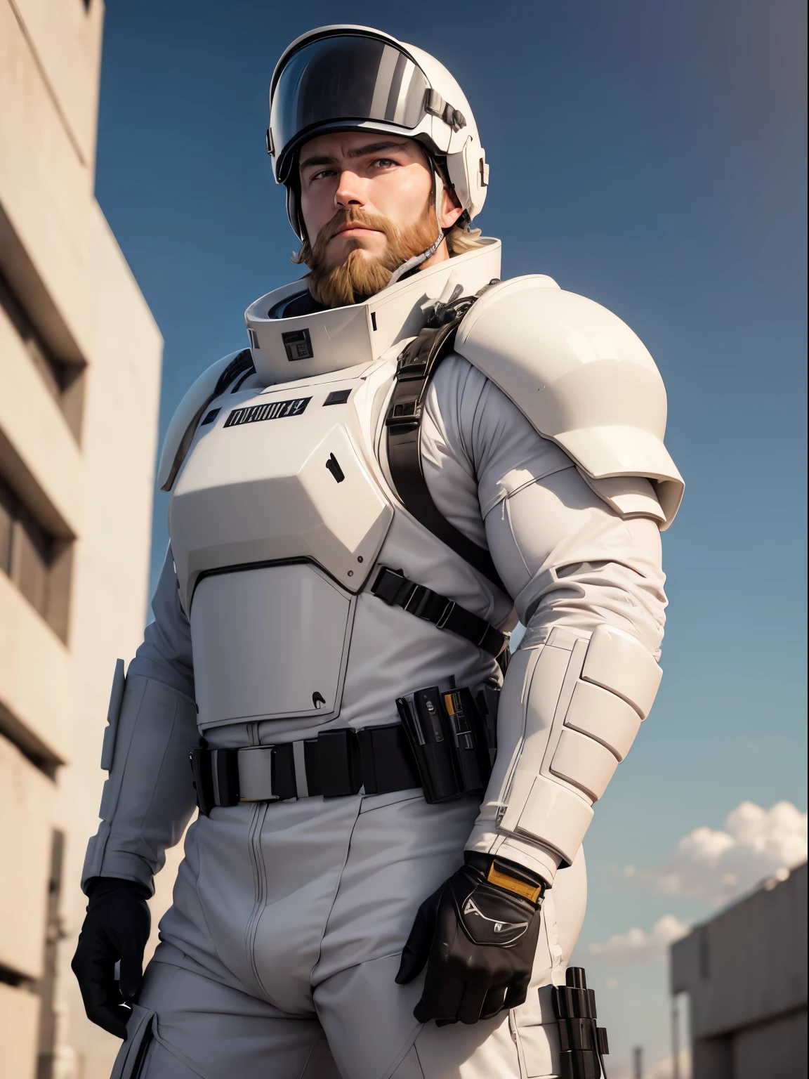 ((best quality)), ((masterpiece)), ((anime)), portrait of a delta force officer, wearing white arctic suit, (2010 arctic white army helmet), (kevlar body armor vest), black leather gloves, mean, (fat:0.8), unshaved, very short blond beard, short blond hair, (epic pose) (sky in the background) (8k resolution:1.2)